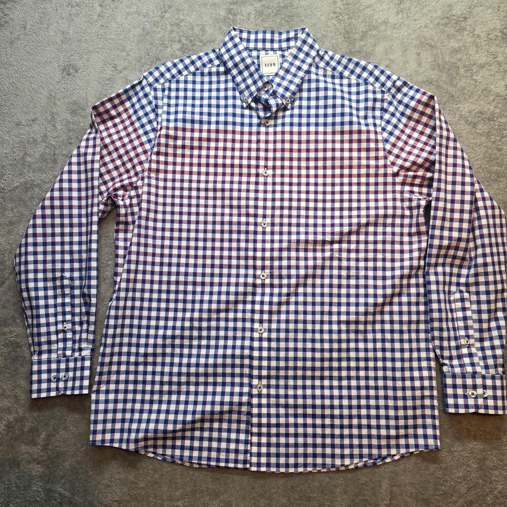 ROWM Shirt Mens Large Blue Check Long Sleeve Button Down Casual Collared